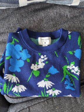 kate spade X target  navy sweater with bright blue, white & green floral print